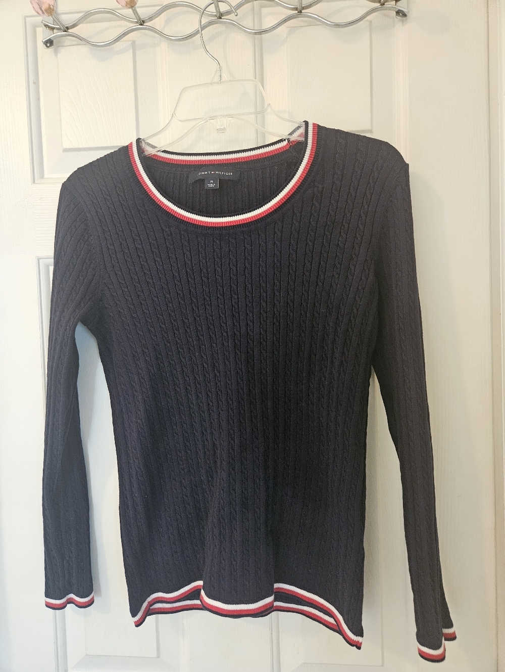 Tommy Hilfiger Navy Cable-Knit Crewneck Sweater with Red and White Trim
